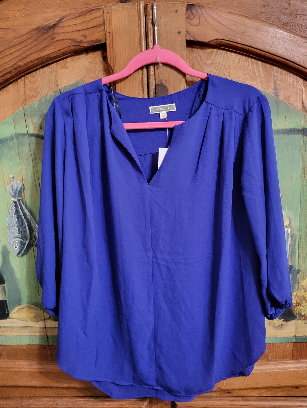 Pleione Cobalt Blue V-Slit Three-Quarter Sleeve Blouse